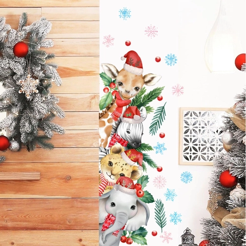 Adesivi Murali Natale PVC Acquerello Animali Cartoni Animati Giraffa Zebra Decorazione Festiva Casa Camera Bimbi