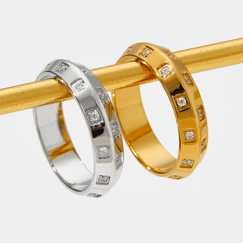 Stainless Steel Band Ring For Women Gold Plated Geometric Cubic Zirconia Inlaid Minimalist Fashion Jewelry