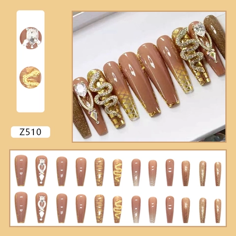 Unghie Finte Lunghe A Bara Design Serpente Oro 3D Strass Marrone Mocha Stampa Leopardata Glitter Lusso