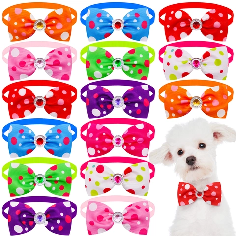 Adjustable Pet Bowtie Collar Polka Dot Ribbon With Rhinestone Small Dogs Cats Neck Decoration Fashion Bow Tie Accessory