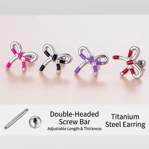 Elegant Bow Stud Earrings For Women Titanium Steel And Copper Enamel Screw Back Cartilage Piercing Niche Design