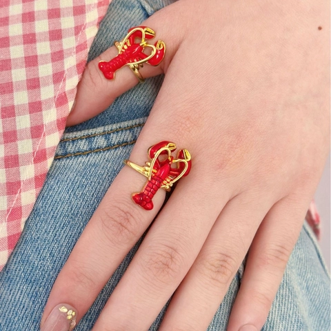 Lindo Anillo Abierto de Cobre de Langosta Estilo Océano de Verano Para Mujer Forma de Animal de Esmalte Chapado en Oro Joyería de Playa