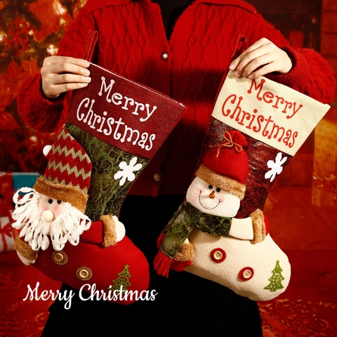 Calze Di Natale In Tela Di Sacco E Feltro Babbo Natale Pupazzo Di Neve Renna Sacchetti Regalo Sospesi Camino Decor