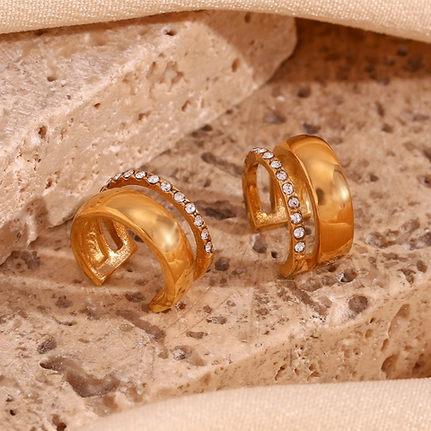 Stainless Steel Gold Plated Double Layer C-Shaped Ear Clip Pave Rhinestone Non-Pierced Earrings For Women Fashion Jewelry