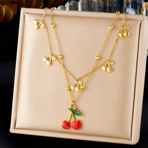 Cherry Pendant Necklace Stainless Steel Layered Sweet Fruit Enamel Fashion Jewelry For Women Elegant Accessory