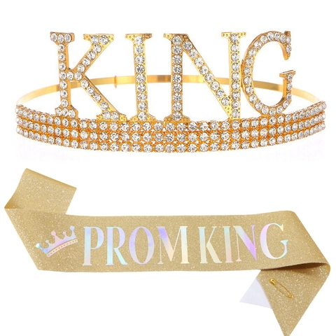 Prom King Crown And Sash Alloy Rhinestone Tiara Glitter Fabric Shoulder Strap Men Party Decorations Graduation Gift