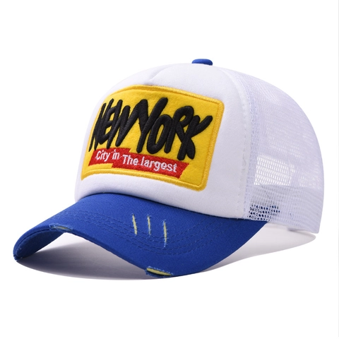 New York Patch Trucker Hat Katoen En Polyester Mesh Distressed Ripped Klep Ademend Verstelbaar Voor Unisex