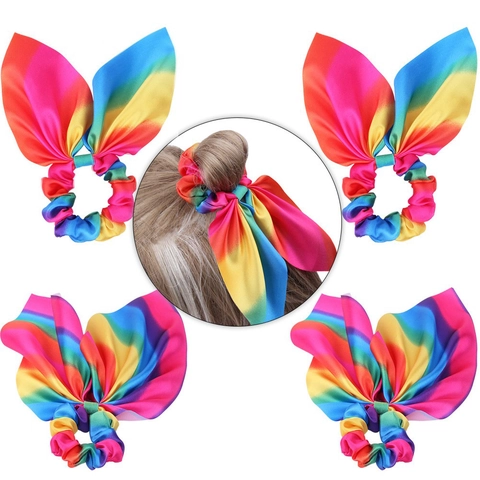 Rainbow Gradient Satin Bowknot Scrunchie With Long Ribbon Streamer Hair Tie Rabbit Ears Elastic Hair Rope For Girls