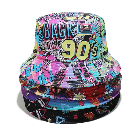 Retro Nineties Bucket Hat Polyester Graffiti Pop Art Print Reversible Sun Protection Streetwear Hip Hop Accessory