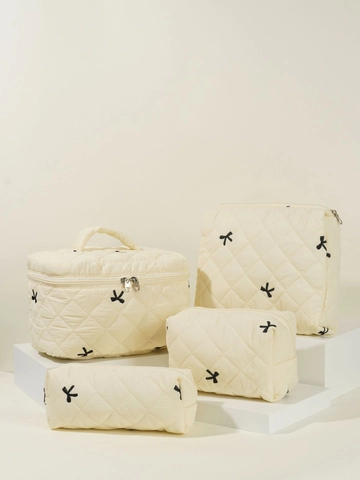 Borsa Da Trucco In Cotone Trapuntato Con Fiocco Ricamato Astuccio Per Cosmetici Grande Capacità Organizzatore Da Viaggio Portatile Donne