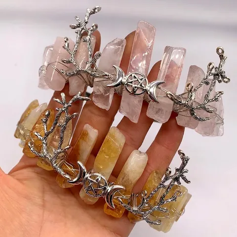 Naturkristall Krone Stirnband Dreifachmond Pentagramm Legierung Ast Hexe Bohemian Braut Haarschmuck