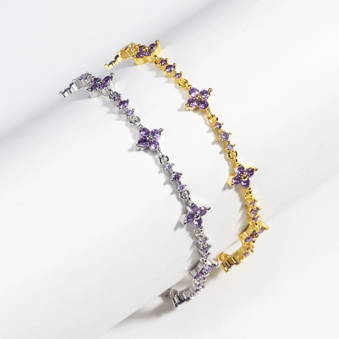 Pulsera De Trébol De Flores De Circón Morado Para Mujer Latón Chapado En Oro Diseño De Nicho Joyería De Moda