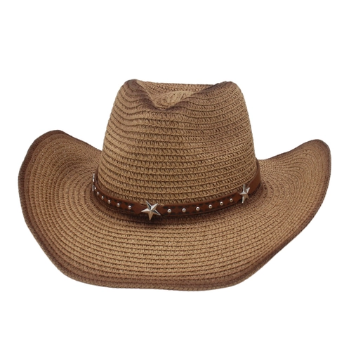 Cappello Di Paglia Cowboy Intrecciato Traspirante Protezione Solare Outdoor Spiaggia Tesa Larga Stella Rivetti Con Corda Unisex