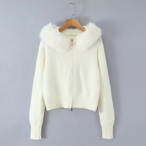 Cardigan In Maglia Con Cappuccio Da Donna Collo In Pelliccia Sintetica Cerniera Maniche Lunghe Tinta Unita Caldo Maglione