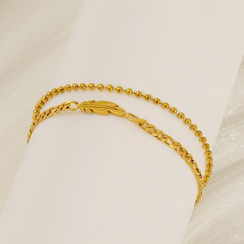 Layered Double Chain Bracelet 18K Gold Plated Stainless Steel Feather Pendant Ball Figaro Chain Jewelry For Women