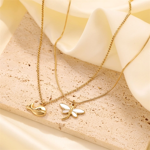 Stainless Steel Golden Whale And Dragonfly Pendant Necklace Minimalist Elegant Zircon Mother Of Artificial Pearl Style Jewelry For Women