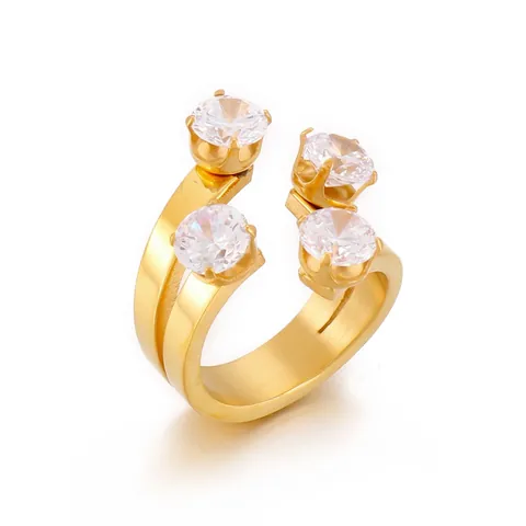 Roestvrijstalen Ring Met Zirkonia 18K Verguld Dubbele Rij Open Verstelbaar Mode Sieraden Geometrisch Voor Dames