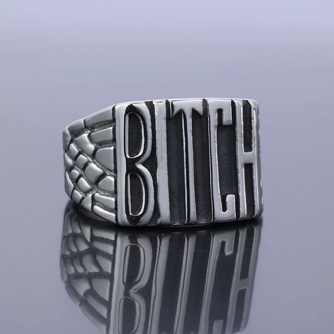 Punk Biker Ring 316L Stainless Steel Embossed BITCH Letter Rectangular Face Retro Oxidized Finish Men Street Jewelry