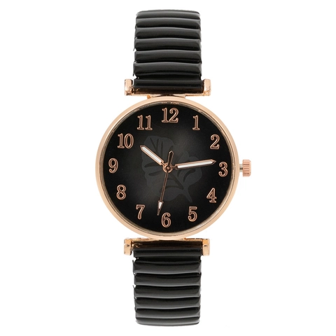 Women Quartz Watch Fashion Leaf Pattern Dial Elastic Metal Stretch Band Arabic Numerals Analog Ladies Wristwatch