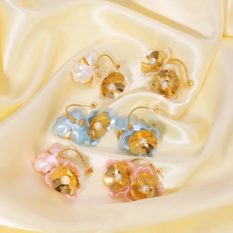 Blumenohrringe Edelstahl 18K Vergoldet Mit Künstliche Perle Vintage Elegant Blumenschmuck Für Damen