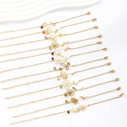 Bracciale Fiore Di Nascita In Acciaio Inossidabile Pietra Natatale Colorata Ciondolo Floreale Cavo Regalo Donne