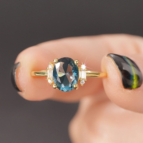 Women Vintage Palace Style Ring Copper Gold Plated Oval Blue Zircon Elegant Retro Luxury Jewelry Accessory