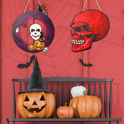 Halloween Holz Hängeschild Gruseliges Boo Geist Kürbis Totenkopf Fledermaus Hexenhut Party Wanddeko Türhänger Holz Ornament