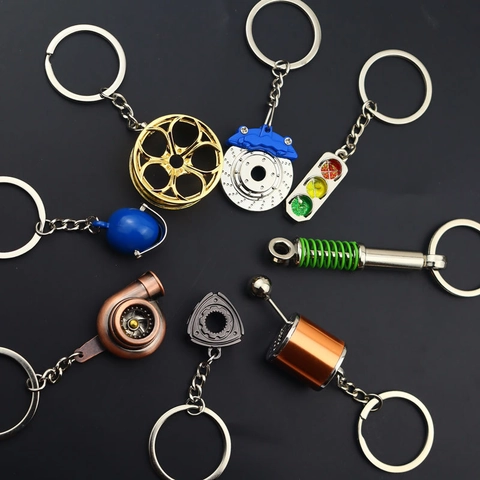 Creative Car Part Keychains Metal Alloy Realistic Miniature Turbo Wheel Hub Gear Shifter Industrial Tuning Style Gift