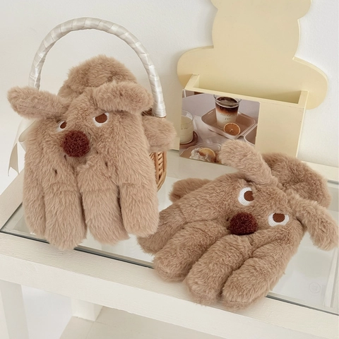 Guanti Invernali Caldi In Peluche A Forma Di Cane Pelliccia Sintetica Cinque Dita Per Donne Studenti Con Cordino Morbido