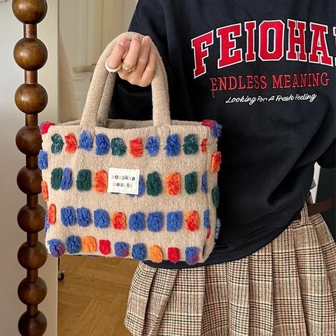 Damen Plüsch Eimer Tasche Bunte Getuftete Punkte Umhängetasche Handtasche Weicher Wollfilz Street Style Herbst Winter