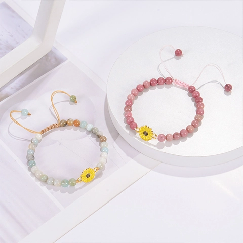 Bracelet En Pierre Naturelle Tournesol Quartz Rose Amazonite Jaspe Zèbre Rose Corde Tressée Ajustable Cadeau De Guérison