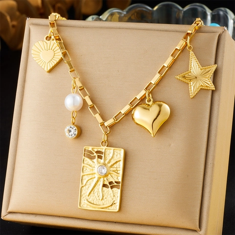 Collar De Múltiples Pendientes De Acero Inoxidable Bañado En Oro Sol Corazón Estrella Ojo Turco Perla Artificial Estilo Boho Para Mujer