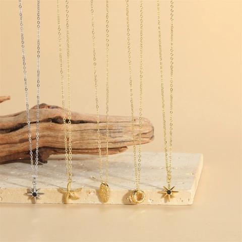 Vintage Copper Starfish Octagonal Star Pendant Necklace Gold Silver Plated Zirconia Clavicle Chain Jewelry For Women Gift