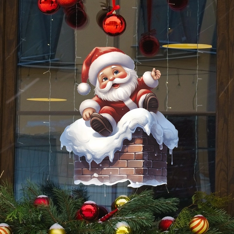 Pegatina De Ventana De Navidad Papá Noel En Chimenea Dibujos Animados PVC Estática Removible Decoración De Vidrio