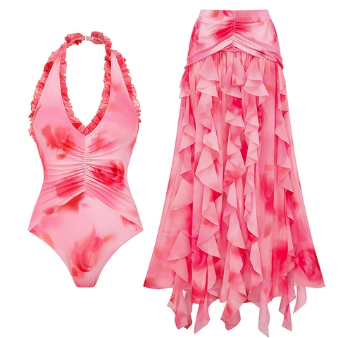 Maillot De Bain Une Pièce Et Ensemble Jupe Longue À Volants Dos Nu Col En V Gainage Vacances À La Plage Femmes Frais