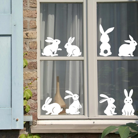 Pegatinas Estáticas de Ventana de Conejo Blanco de Pascua de PVC Dibujos Animados Calcomanías de Vidrio para Decoración del Hogar