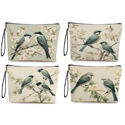 Bird Flower Print Makeup Bag Linen Canvas Zipper Cosmetic Pouch Portable Travel Storage Organizer Wristlet Handbag