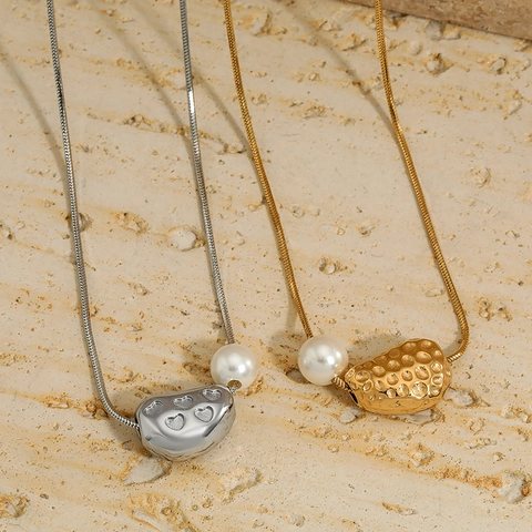 Collar Con Colgante De Acero Inoxidable 316 Forma De Corazón Martillado Irregular Con Perla Artificial Joyería Moderna Para Mujer