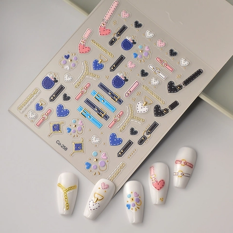 Adesivi Per Nail Art 5D In Rilievo Punk Bronzato Catena Cuore Cerniera Cintura Modello DIY Decorazione Per Manicure