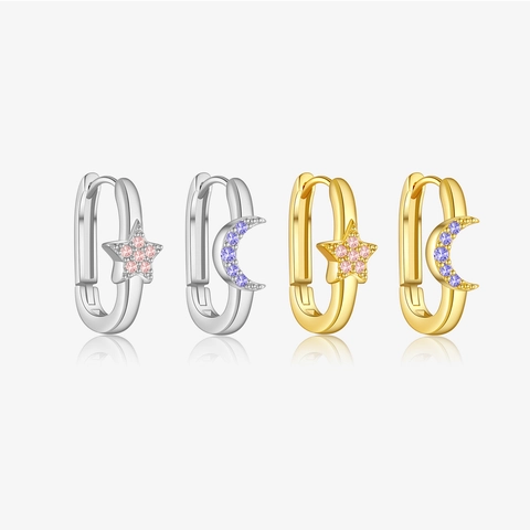 Asymmetrische Ster Maan Hoop Oorbellen 925 Sterling Zilver Strass Sieraden Trendy Oorknopjes Voor Vrouwen Meisjes Cadeau