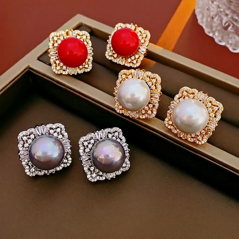 Orecchini Quadrati Vintage Künstliche Perle Sintetiche Zirconia Borchie Geometriche Perno Argento Donna Gioielli Lusso