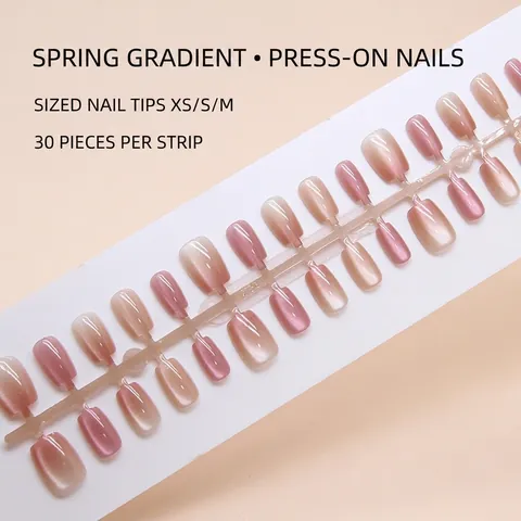 Cat Eye Press On Nails Gradient Ice Translucent Short Ballerina False Nails For Women Ins Style ABS Plastic