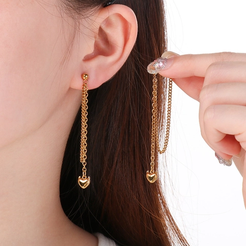 Orecchini Pendenti A Cuore In Acciaio Inossidabile Catena Lunga Con Nappa Placcato Oro 18K Gioielli Da Donna
