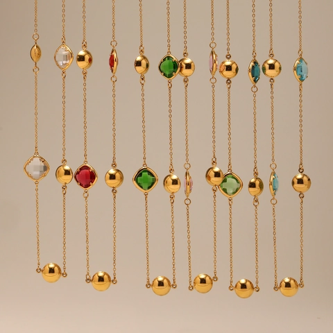 18K Gold Plated Stainless Steel Long Station Necklace For Women Multi Color Faceted Czech Glass Stones Elegant Jewelry