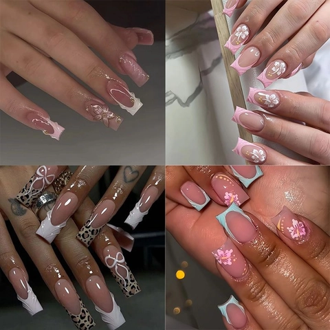 Unghie Finte Lunghe A Pressione Fiore 3D Leopardo Punta Francese Unghie Artificiali Lucide Plastica ABS Per Donne Manicure