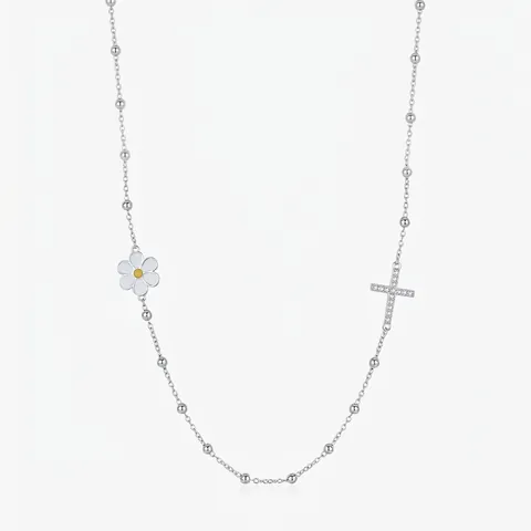 925 Sterling Silver Necklace With White Enamel Daisy Flower And Pave Zircon Cross Pendants Ball Chain Choker For Women