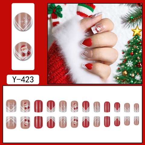 Christmas Press On Nails Santa Claus Snowflake Red White Plaid Pattern ABS Glossy Fake Nails For Holiday Party