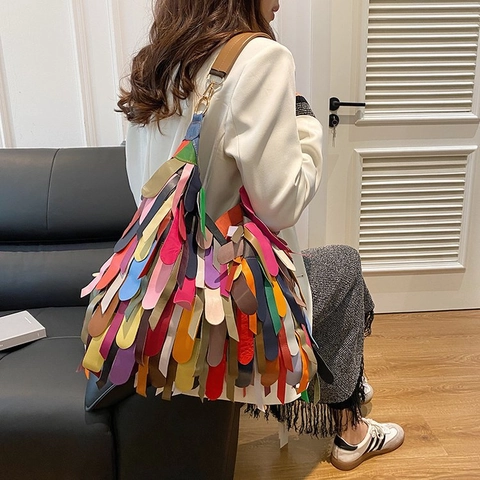 Bunte Patchwork PU Leder Umhängetasche Große Kapazität Fransen Quaste Hobo Tasche Mit Krokodil Textur Für Damen