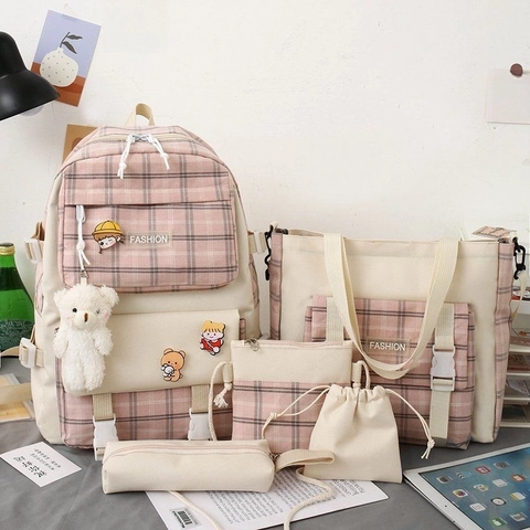 Sac À Dos Toile Cabas Sac Bandoulière Pochette Trousse À Crayons Carrelé École Style Japonais Pour Étudiants Filles Pendentif Ours