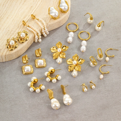 Artificial Baroque Pearl Earrings For Women Stainless Steel French Vintage Geometric Flower Drop Stud Earrings 18K Gold Plated